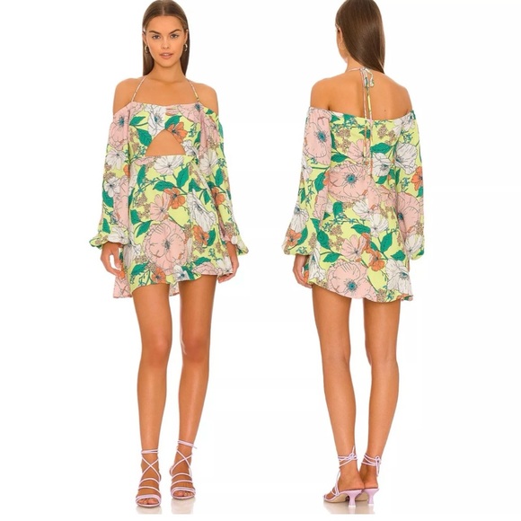 Revolve X AFRM Spring Lime Bouquet Floral Dolly Off The Shoulder Mini Dress | M - Picture 1 of 16